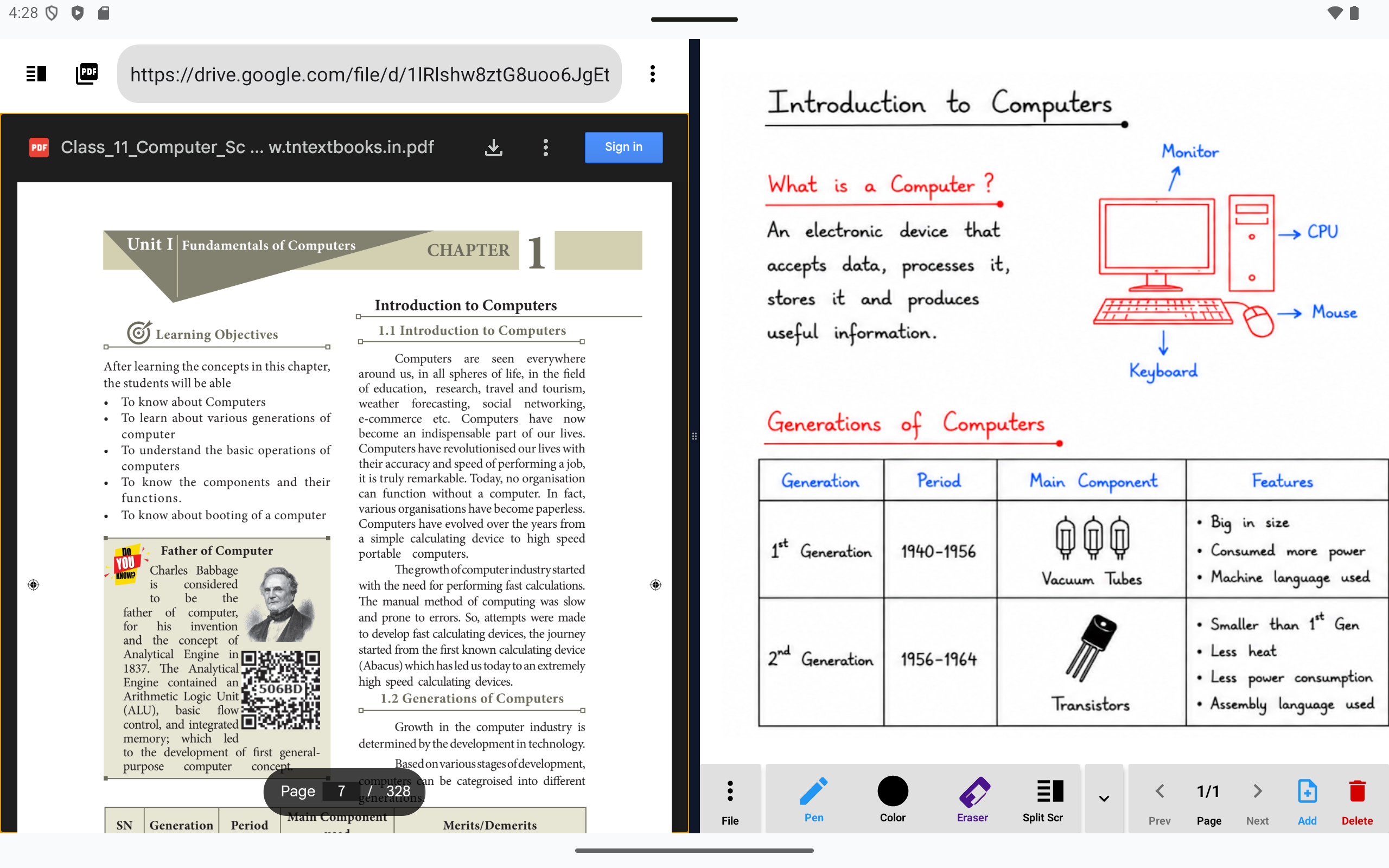 A 328-page textbook PDF open on the left of a tablet, showing the page counter, with whiteboard notes on the right.