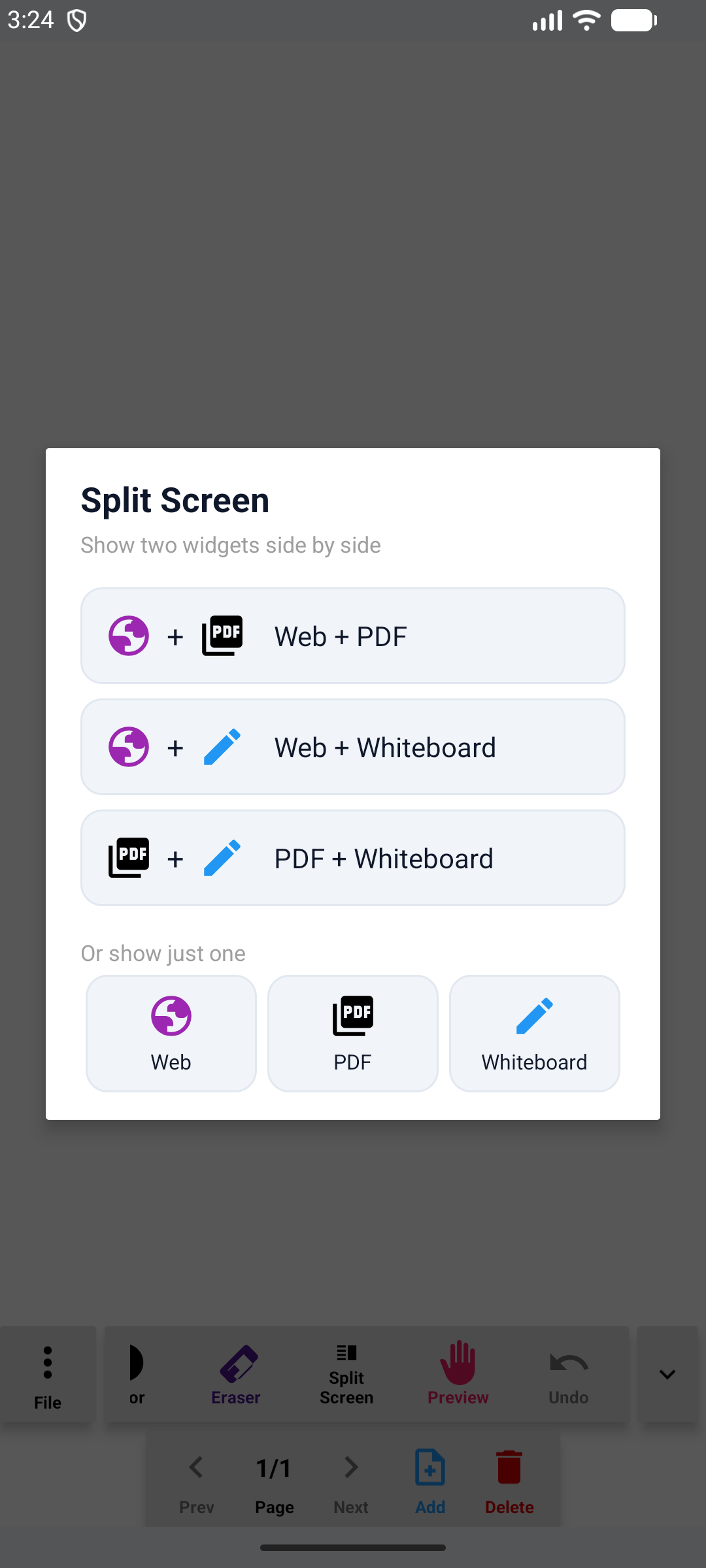The split screen chooser in TutorBoard offering Web plus PDF, Web plus Whiteboard, PDF plus Whiteboard, or a single view.